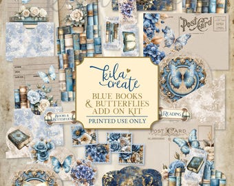Blue Books and Butterflies Add On Kit, Reading Junk Journal, Butterfly Ephemera, Digital Download, Printable Journal Kit, KILA Create