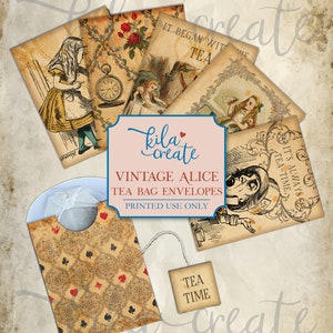 Vintage Alice Tea Bag Envelopes, Vintage Ephemera, Vintage Alice in Wonderland, Tea, Digital Download, Printable Journal Kit, KILA Create
