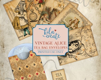 May include: Vintage Alice in Wonderland themed tea bag envelopes. The envelopes are printed with images of Alice, the Mad Hatter, and other characters from the book. The text on the envelopes reads "It's always tea-time." and "Tea Time".