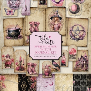 Bubblegum Pink Witch Journal Kit, Pink Halloween Journal, Pink Gothic Journal, Digital Download, Printable Journal Kit, KILA Create