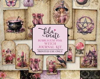 May include: A digital printable journal kit with a pink and purple color scheme. The kit features images of a witch, a cauldron, a crow, a potion bottle, and a house. The text "Bubblegum Pink Witch Journal Kit" is printed on a pink banner.