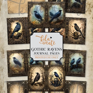 May include: A set of 10 printable journal pages featuring gothic ravens in ornate frames. The pages are designed for personal use only.  The text on the image reads "Gothic Ravens Journal Pages - Printed Use Only - KilaCreatePrintables.etsy.com"