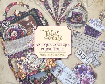 Antique Couture Purse Folio, French Junk Journal, Vintage, Floral, Victorian, Fashion, Digital Download, Printable Journal Kit, KILA Create