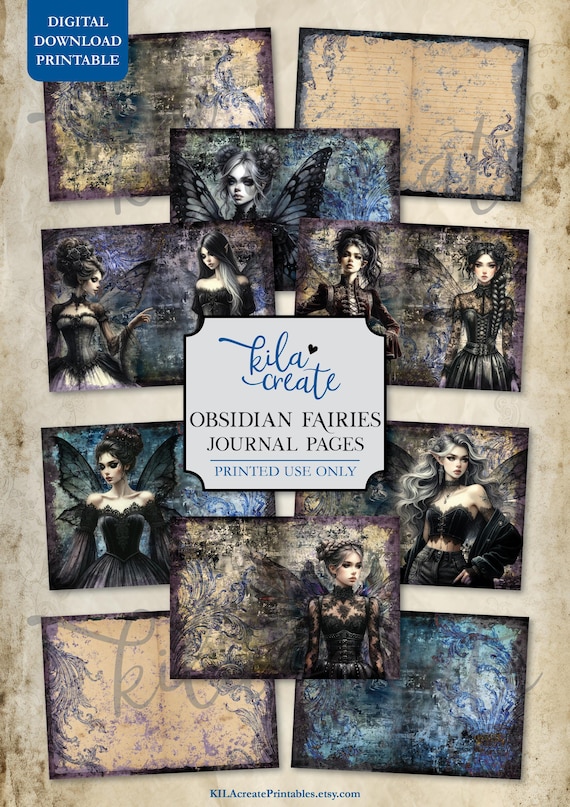 Obsidian Fairies Journal Pages, Dark Gothic Journal, Grunge Fairy, Halloween Journal, Digital Download, Printable Journal Kit, KILA Create