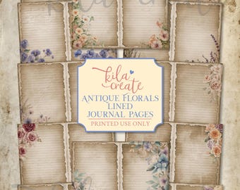 Antique Florals Lined Journal Pages, Vintage Flowers Junk Journal Pages, Digital Download, Printable Journal Kit, KILA Create