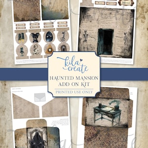 May include: A digital download printable kit with a haunted mansion theme. The kit includes various ephemera, such as journal pages, tags, and envelopes, featuring vintage illustrations and text. The color palette is primarily brown, beige, and blue.