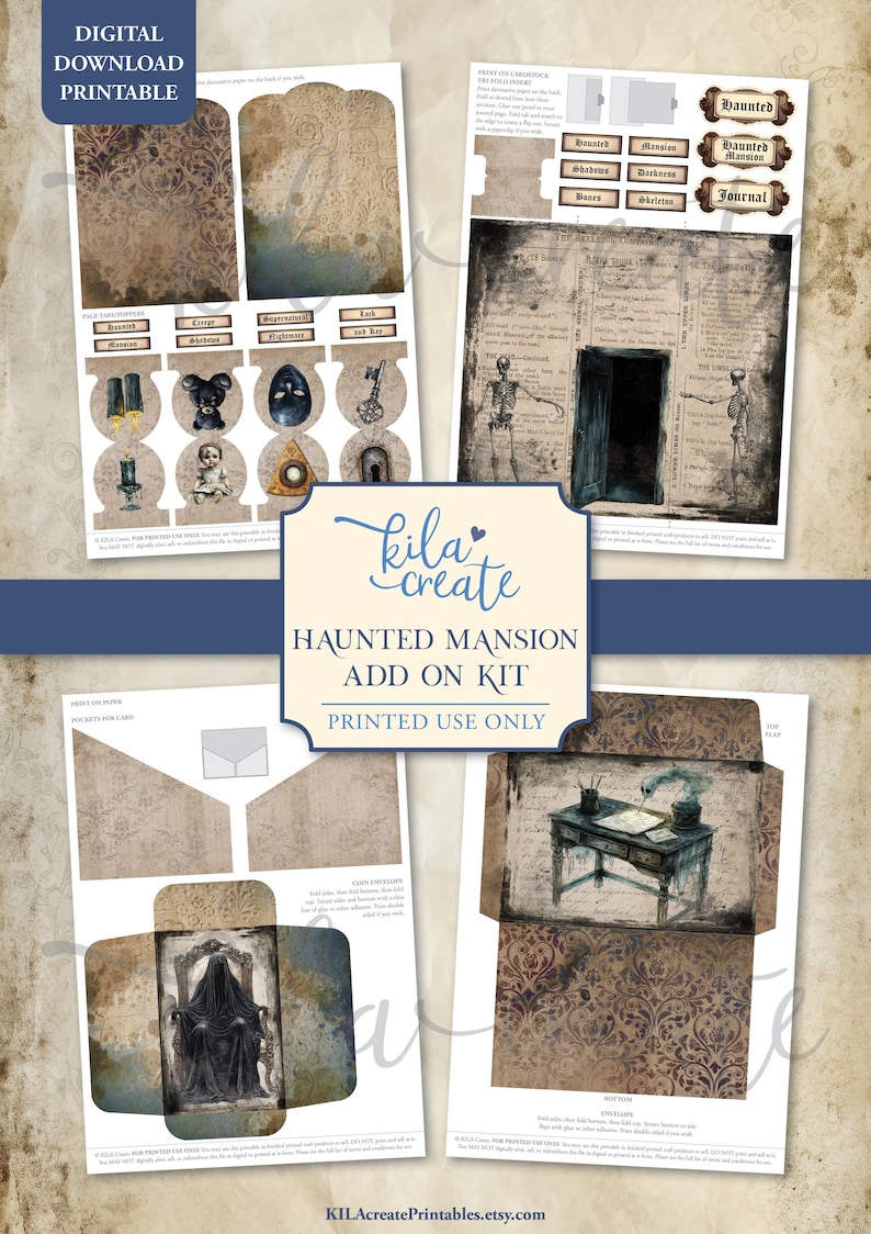 May include: A digital download printable kit with a haunted mansion theme. The kit includes various ephemera, such as journal pages, tags, and envelopes, featuring vintage illustrations and text. The color palette is primarily brown, beige, and blue.
