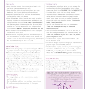 May include: A printable document with terms of use and copyright notice. The document includes sections on what is and isn't allowed, printing tips, cutting tips, design ideas, and a refund policy. The KILA Create logo is at the bottom.