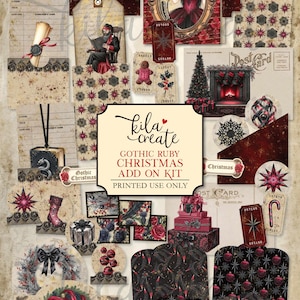 Puede incluir: Un kit digital imprimible de Gothic Ruby Christmas Add On con varios elementos de estilo vintage. Incluye etiquetas, postales, ilustraciones de un árbol de Navidad, una chimenea y una mujer con un vestido rojo. El kit tiene una estética oscura y gótica.