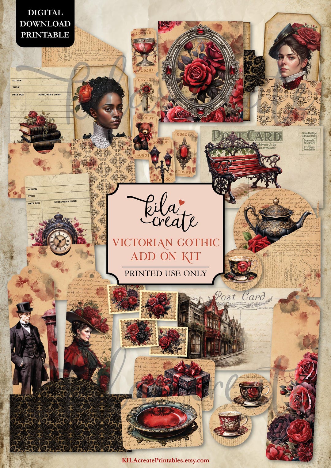 Gothic Adds Victorian Gothic Add on Kit, Gothic Junk Journal Kit, Red, Black ...