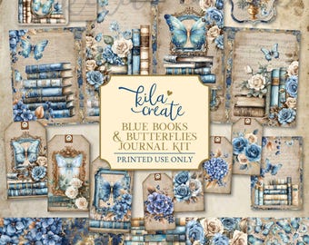 Blue Books and Butterflies Journal Kit, Reading Junk Journal, Butterfly Ephemera, Digital Download, Printable Journal Kit, KILA Create
