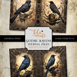 May include: Nine printable journal pages featuring gothic ravens perched on branches with intricate details. The pages are designed to be folded in half to create A5 sized journals.