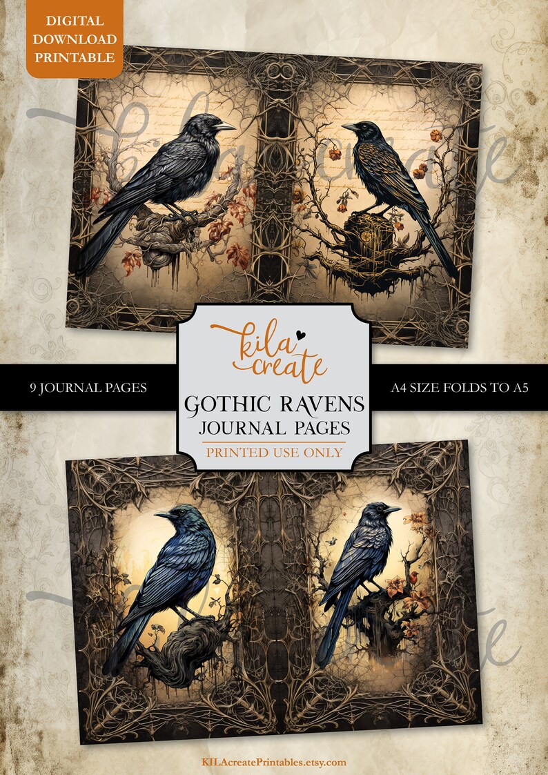 May include: Nine printable journal pages featuring gothic ravens perched on branches with intricate details. The pages are designed to be folded in half to create A5 sized journals.