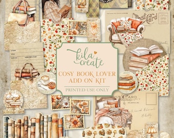 May include: A digital printable kit with a book lover theme. The kit includes various images of books, lamps, and other cosy elements. The text "kila create COSY BOOK LOVER ADD ON KIT PRINTED USE ONLY" is displayed on a green background.