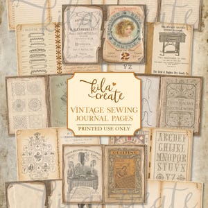 Puede incluir: Una colección de páginas de diario digitales imprimibles con temas de costura vintage, que incluyen ilustraciones de máquinas de coser, alfileres, diccionarios de costura, alfabetos y maniquíes sobre papel envejecido en tono sepia.