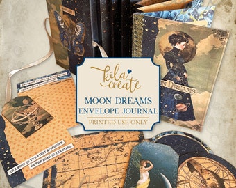 Moon Dreams Envelope Journal, No-sew Journal Kit, Sun, Moon, Stars, Vintage Ephemera, Digital Download, Printable Journal, KILA Create