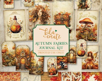May include: A digital printable journal kit featuring autumn fairies, mushrooms, and a variety of autumn-themed images. The kit includes a variety of tags, papers, and other elements that can be used to create a unique and personalised journal.