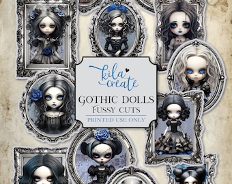 May include: A set of 10 printable gothic doll images in silver frames. The dolls have black hair, blue eyes, and are wearing black dresses with blue accents. The text "Kila create Gothic Dolls Fussy Cuts Printed Use Only" is at the bottom of the image.