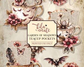 The Garden of Shadows Teacup Journal Pockets, Gothic Junk Journal, Flowers, Victorian, Digital Download, Printable Journal Kit, KILA Create