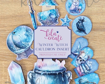 May include: Printable winter witch cauldron insert with a variety of images including a potion bottle, a crystal ball, a raven, a cat, a crystal, a cauldron, and a skull. The images are in a watercolor style with blue and purple hues.