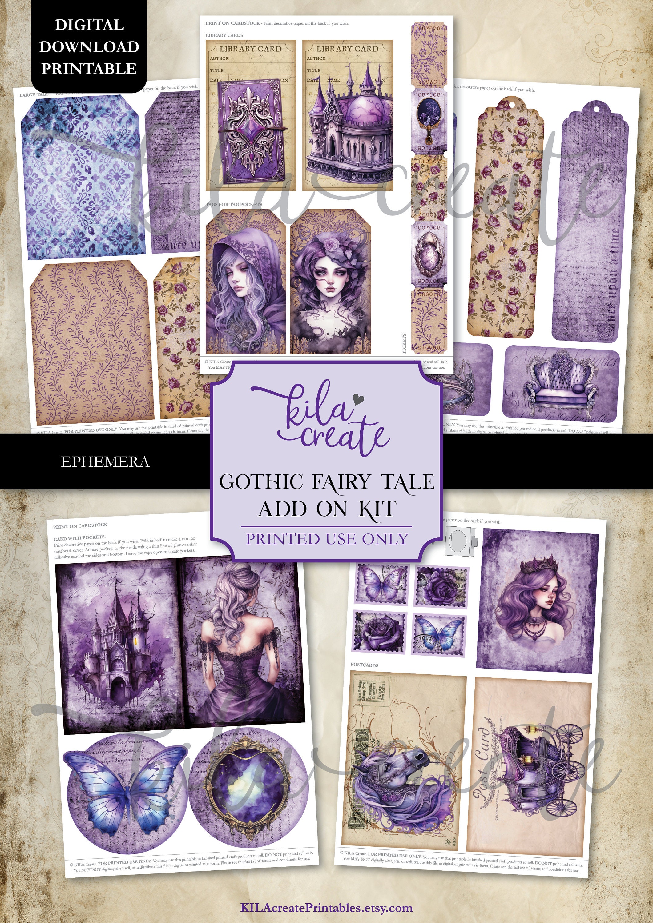 Gothic Fairy Tale Add on Journal Kit, Purple Gothic Junk Journal Kit ...