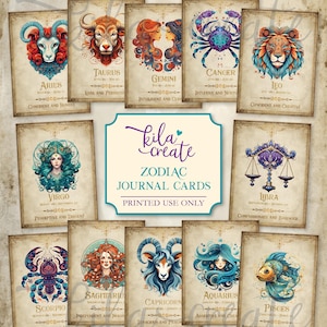 Zodiac Journal Cards, Star Sign Printable, Zodiac Ephemera, Celestial, Constellations, Digital Download, Printable Journal Kit, KILA Create
