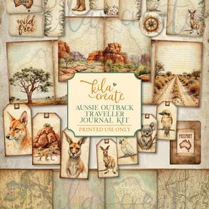May include: A digital download printable Aussie Outback Traveller Journal Kit. The kit includes tags, journal pages, and map-themed elements. Illustrations feature Australian wildlife, landscapes, and the text "Down Under" and "Wild Free."
