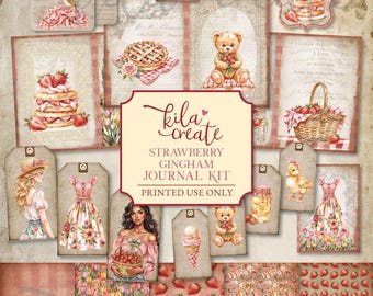 Strawberry Gingham Journal Kit, Strawberries, Spring Ephemera, Flowers, Springtime, Digital Download, Printable Journal Kit, KILA Create