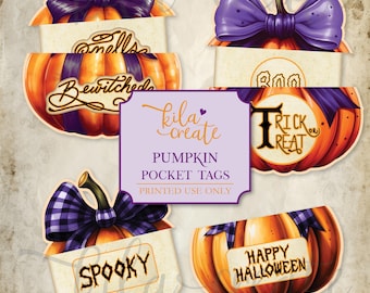 Halloween Pumpkin Pocket Tags with Hidden Journal Cards, Halloween Junk Journal Kit, Digital Download, Printable Journal Kit, KILA Create