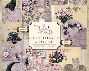 May include: A printable digital paper pack with a gothic elegance theme. The pack includes images of roses, skulls, black cats, and other gothic elements. The text "kila create" and "Gothic Elegance Add On Kit" is included in the image.
