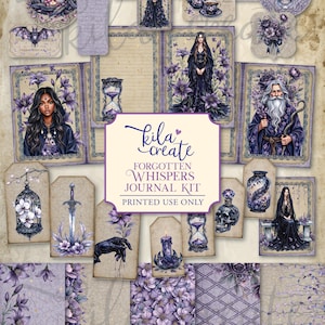 Puede incluir: Kit de diario imprimible de descarga digital con temática gótica. El kit incluye ilustraciones de mujeres con vestidos negros, calaveras, flores y otros elementos místicos en tonos morados y grises. El texto "Forgotten Whispers Journal Kit" es visible.