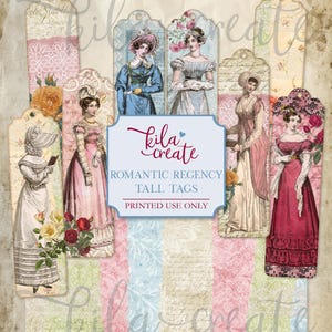 Romantic Regency Tall Tags, Jane Austen Vintage Ephemera, Bookmarks, Lace, Embroidery, Digital Download, Printable Journal Kit, KILA Create