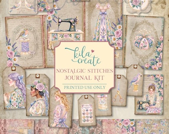 Nostalgic Stitches Journal Kit, Sewing Ephemera, Quilting, Knitting, Crochet, Fabric, Digital Download, Printable Journal Kit, KILA Create