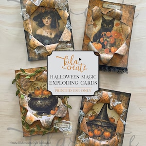 May include: Four printable Halloween exploding cards with different designs. The cards feature a witch, a black cat, a cauldron, and a witch's hat. Each card has a unique design with a vintage aesthetic and a distressed look. The cards are printed on high-quality cardstock and are perfect for adding a spooky touch to your Halloween celebrations.