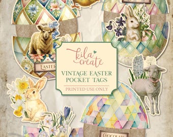 Vintage Easter Pocket Tags, Easter Ephemera, Spring Junk Journal Kit, Easter Bunny, Digital Download, Printable Journal Kit, KILA Create