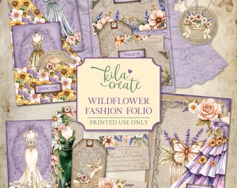 Wildflower Fashion Folio, Spring Ephemera, Wild Flowers, Roses, Ballgowns, Digital Download, Printable Journal Kit, KILA Create