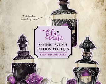 Gothic Witch Potion Bottles with Hidden Journal Cards, Junk Journal Kit, Witch Journal, Digital Download, Printable Journal Kit, KILA Create