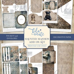 May include: A digital download printable kit with a haunted mansion theme. The kit includes decorative paper, pockets, and envelopes. The color palette features muted browns, blues, and creams. The kit includes illustrations of a doll, teddy bear, and desk.