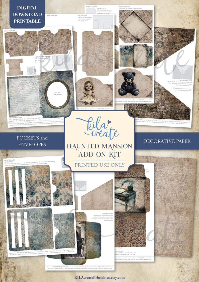 May include: A digital download printable kit with a haunted mansion theme. The kit includes decorative paper, pockets, and envelopes. The color palette features muted browns, blues, and creams. The kit includes illustrations of a doll, teddy bear, and desk.