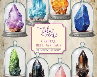 May include: Digital printable featuring eight crystals under glass bell jars. The crystals are various colors, including purple, blue, orange, and green. The image includes text that reads "Crystal Bell Jar Tags" and "Printed Use Only."