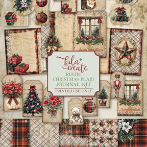 Rustic Christmas Plaid Journal Kit, Christmas Ephemera, Red, Green, Holly, December, Digital Download, Printable Journal Kit, KILA Create