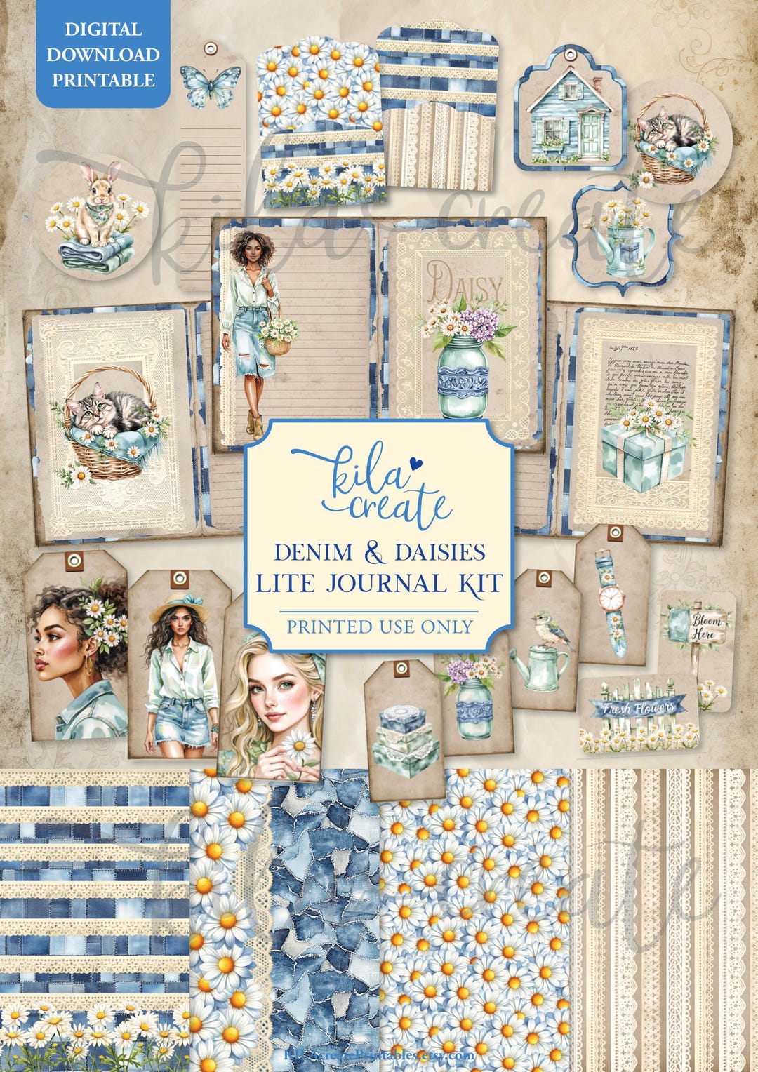 Denim and Daisies Lite Journal Kit, Spring Ephemera, Springtime ...