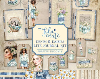 Denim and Daisies Lite Journal Kit, Spring Ephemera, Springtime, Flowers, Digital Download, Printable Journal Kit, KILA Create