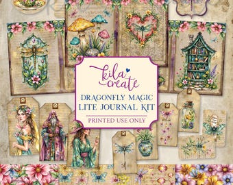 Dragonfly Magic Lite Journal Kit, Dragonfly Ephemera, Magical Junk Journal, Flowers, Digital Download, Printable Journal Kit, KILA Create