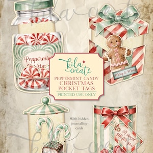 May include: Digital printable Christmas pocket tags with peppermint candy designs. The tags show a jar of peppermints, a gingerbread man, candy canes, and a gift box with a bow. The tags are in a vintage style with red, green, and white colours.