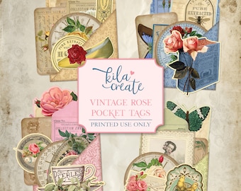 May include: A set of printable vintage rose pocket tags. The tags feature a variety of images, including roses, butterflies, birds, and clocks. The tags are perfect for adding a touch of vintage charm to your projects.