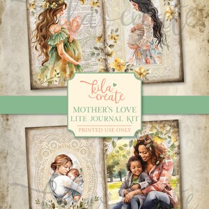 Peut inclure: T&eacute;l&eacute;chargement num&eacute;rique imprimable avec des illustrations &agrave; l'aquarelle de m&egrave;res et d'enfants. Les images incluent des femmes enceintes et des m&egrave;res avec leurs enfants. Le texte indique "Mother's Love Lite Journal Kit" et "Printed Use Only".