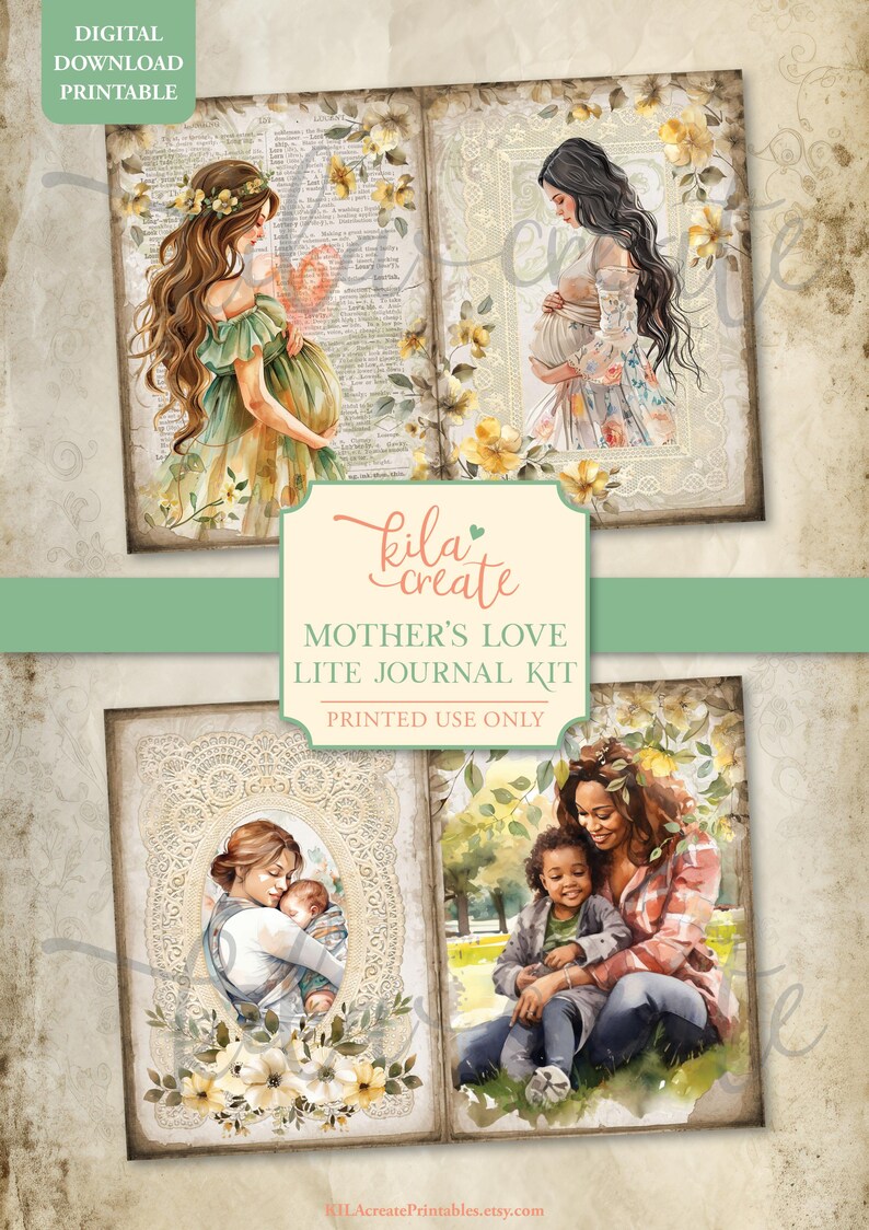 Peut inclure: T&eacute;l&eacute;chargement num&eacute;rique imprimable avec des illustrations &agrave; l'aquarelle de m&egrave;res et d'enfants. Les images incluent des femmes enceintes et des m&egrave;res avec leurs enfants. Le texte indique "Mother's Love Lite Journal Kit" et "Printed Use Only".