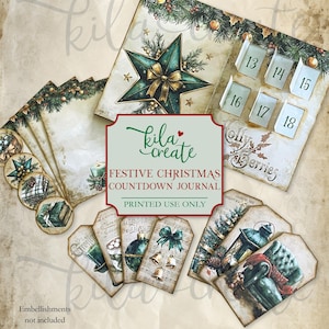 Festive Christmas Countdown Journal Kit, Christmas Advent Journal Kit, Green, Gold, Digital Download, Printable Journal Kit, KILA Create