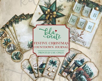 Festive Christmas Countdown Journal Kit, No-sew Christmas Advent Journal, Green, Gold, Digital Download, Printable Journal Kit, KILA Create